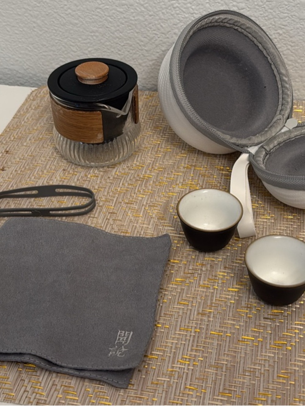 Portable Tea Set with Gray Carry Case and Ceramic Cups